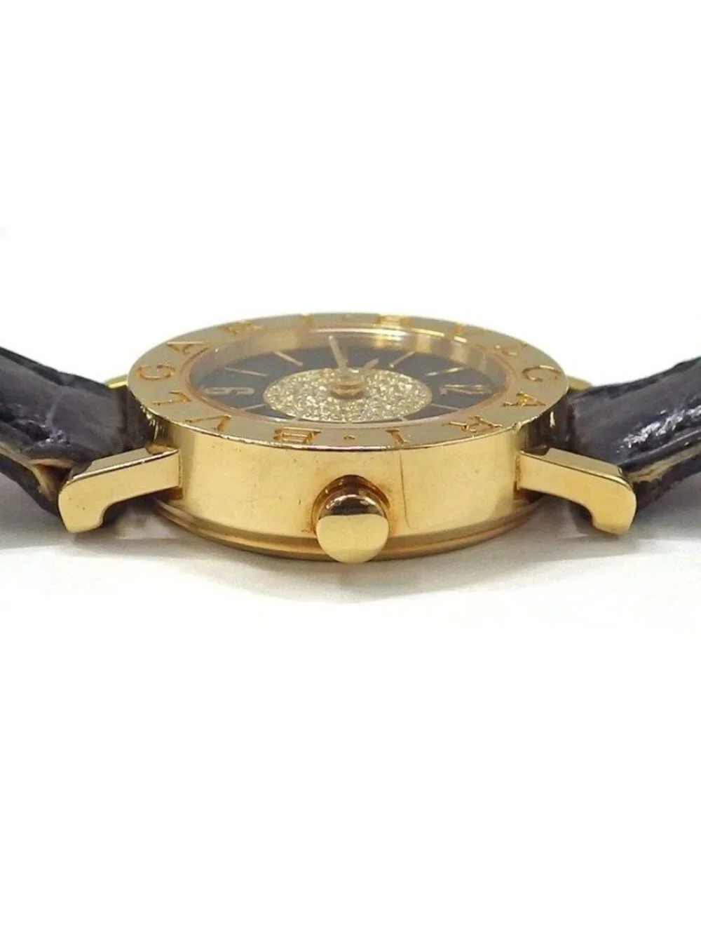 Bvlgari Watch Black Dial Leather Strap Pave Diamond 18k Yellow Gold SS Quartz